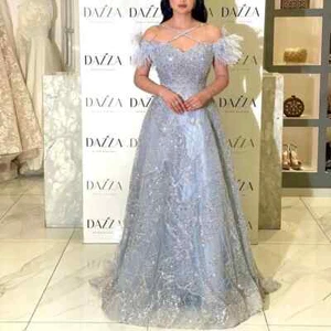 Grau Neckholder Rückenfrei Abendkleider Glänzend Feder Perlen Tüll Arabia Kleid - Bild 1 von 12