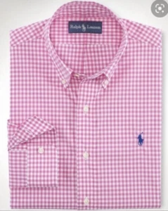 Ralph Lauren Dress Shirt Checker Plaid Gingham M Pink White Button Long Slv M/W - Picture 1 of 6