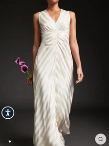 BNWT LK Bennett Size 10 Colette Cream Silk Chevron Stripe Long Wedding Dress - Picture 1 of 8