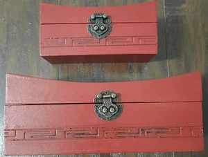 Vintage chinesische bemalte Holz Schmuck/Schmuckkästchen mit gebogenen Deckeln 2er Set EUC - Bild 1 von 11