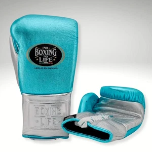 No Boxing No Life Boxing Gloves 16oz Blue/Silver Lace-Up Genuine Cowhide Leather - Picture 1 of 5