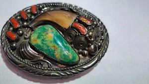 Fibbia per cintura sterling artiglio orso corallo turchese Navajo firmata 3,5 pollici 80 g - Foto 1 di 16