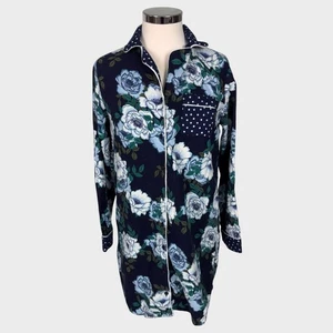 Liz Claiborne XS 100 % Baumwolle Knopfleiste Flanell blau Blumen Nachthemd  - Bild 1 von 7
