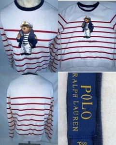MENS SMALL RALPH LAUREN BEAR NAUTICAL STRIPE STRIPED PULLOVER SWEATSHIRT SWEATER - Picture 1 of 14