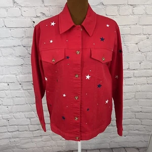 Quacker Factory Red Denim Jacket With Blue & White Stars Medium W/ Button Covers - Picture 1 of 8