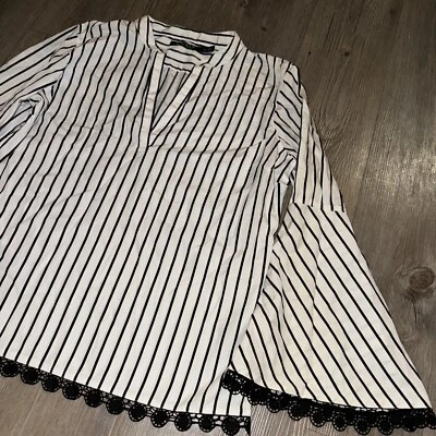 Lauren Ralph Lauren Blouse Top Bell Sleeve Black White Stripe Size Petite M EUC - Image 1 of 4