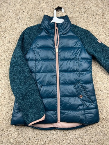 Cappotto giacca puffer blu Michael Kors bambina taglia 10 12 zip intera accento rosa giovane