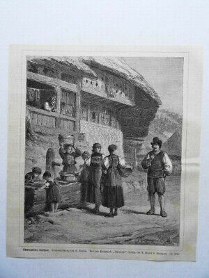 Schwarzwälder Dorfszene. Bauern, Originalzeichnung B. Vautier, Holzstich V. 1877 • 1€
