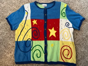 Vintage 90s Breckenridge Woman Embroidered Cardigan Sweater Size XL Stars/Swirls - Picture 1 of 8