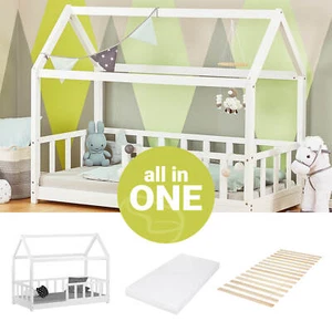 Kinderbett mit Matratze Hausbett 80x160 cm Rausfallschutz Bodenbett Homestyle4u - Bild 1 von 11