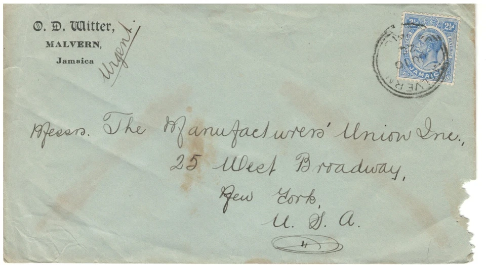 JAMIACA  BRITISH CLASSIC KING GEORGE V ERA POSTAL USED COVER TO USA LOT (BCL114) - Image 1 of 1