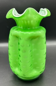 Fenton Green Satin Glass Optic Dot Cased Pinched Vase Ruffled Rim Vtg - Picture 1 of 7