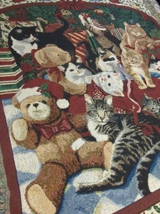 Arazzo gatto natale anni 90 coperta lancio frangia rosso verde vintage gattino 54x45 - Foto 1 di 8