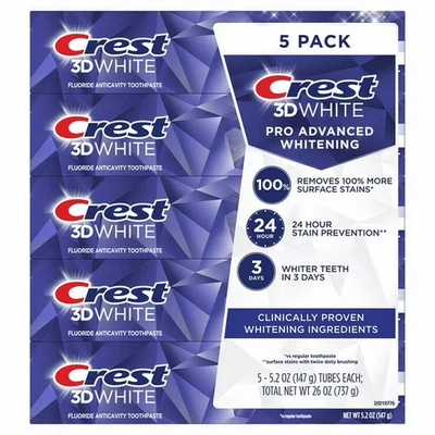 Crest 3D White Advanced Whitening Toothpaste 5.2 oz 5-Pack Fluoride Enamel Safe - Image 1 of 4