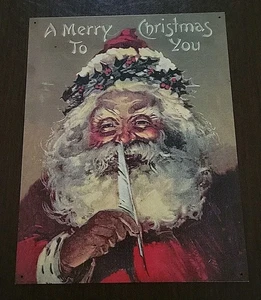 Vintage Christmas Tin Sign Santa Holding Quill Pen 16"X 12.5" - Picture 1 of 9