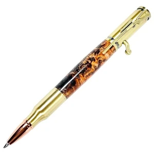 Bolt Action Ball Point Pen Rifle Handmade Brass Gold Brown Swirl Acrylic Resin - Picture 1 of 7