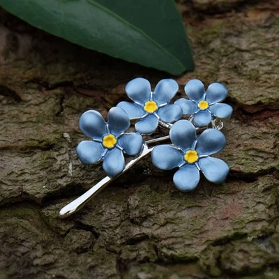 Vintage Enamel Forget Me Not Flower Brooch Blue Bouquet Pin Silver Jewelry Gift - Image 1 of 4