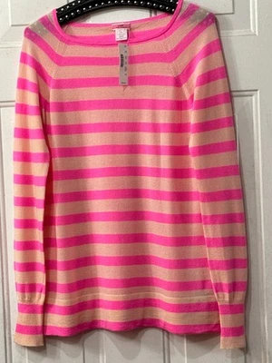 NWT J.Crew Cashmere Sz M Womens Sweater Pullover Neon Pink/Peach Striped - Image 1 of 4
