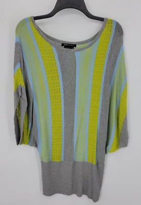 Suéter feminino BCBGMaxazria listra amarela cinza média manga asa de morcego anos 70 anos 80 - Imagem 1 de 4