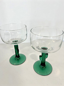 Vintage Set Of Two Margarita Drink Glasses Barware Green Cactus Stems Retro