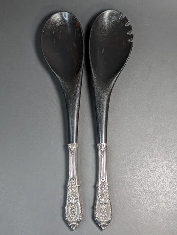 Vintage Sterling Silver Handle Black Plastic Salad Utensils Rose Pattern 12" Cover