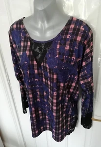 A Postcard From Brighton O/S Blue Pink Black Check Lace Stretchy Blouse Top - Picture 1 of 9