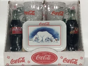 Vintage Coca Cola Gift Set 2 Glasses & 2 Coke Bottles w Metal Tray 1997 - Picture 1 of 7