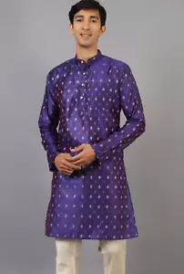 WINTAGE BANARASI ART SILK COTTON BLUE KURTA PAJAMA S48 - Picture 1 of 5
