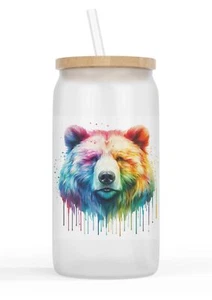 Glasbecher mit Bambusdeckel Strohhalm |Trinkglas 550ml - Braunbär Bär Grizzly 21 - Bild 1 von 1