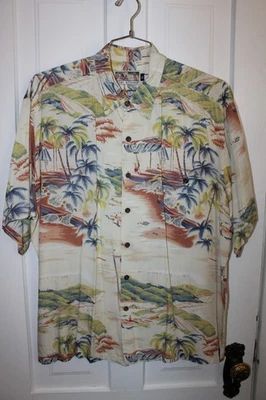 Tori Richard XL Hawaiian Shirt Rayon Vintage Islands Fishing Boats Cream Green - Image 1 of 4