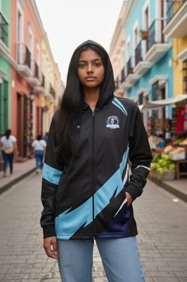 Jaqueta de vôlei feminina New Waves Club tamanho G preta, azul, roxa com zíper completo   - Imagem 1 de 3