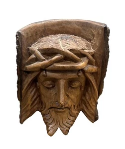 Vintage Hand-Carved Live Edge Wooden Jesus Christ Crown of Thorns Bust - Picture 1 of 6