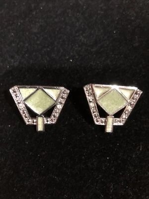 Vintage Cristina Silver Tone & Green Enamel Earrings - Image 1 of 4