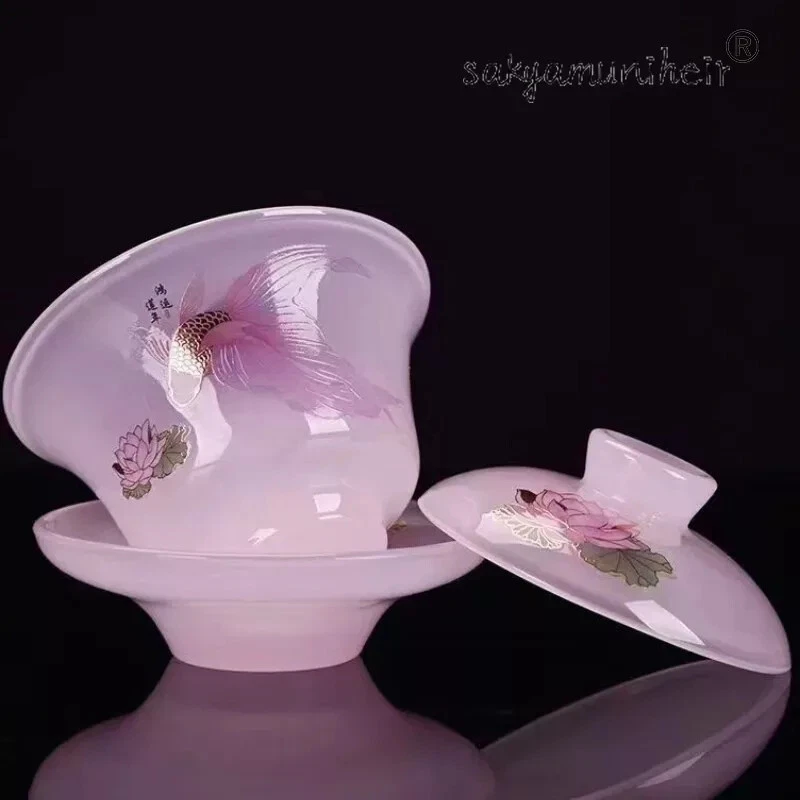 Juego de té de vidrio grande de porcelana de jade de pescado Sancai Gaiwan de kungfu chino  Foto 1 de 2