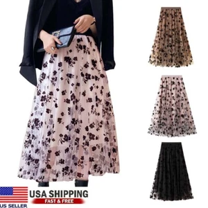 Women Layered Pleated Maxi Long Dress Elastic High Waist Floral Tulle Mesh Skirt - Picture 1 of 22