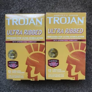 2x Trojan Ultra Ribbed Armor Spermicidal Lubricated Condoms - 12 pack each - Picture 1 of 2