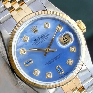 Rolex Unisex Datejust Watch Gold & SS Blue MOP Diamond Fluted Bezel Original Box - Picture 1 of 24
