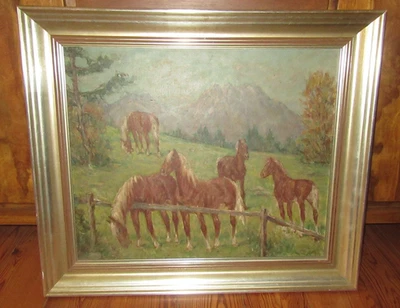 Ölgemälde 5 Pferde auf der Weide, Prof. Fritz von Heider - Bild 1 von 4
