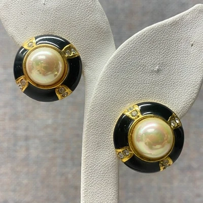 Aretes Art Deco vintage firmados romanos de oro negro imitación perlas estrás Foto 1 de 4