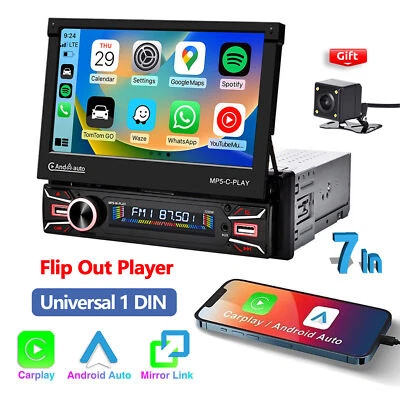 7" Flip Out Car Radio Stereo Apple Carplay Android Auto Touch Screen Single 1Din - Image 1 of 4