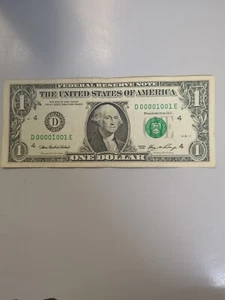 1 Dollar Bill Super Rare True Binary Serial Number D00001001E - Picture 1 of 2