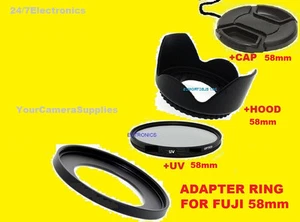 ADAPTER RING+UV FILTER+HOOD+CAP 58mm CAMERA FUJI FINEPIX S8600 S8630 S8650 58mm - Picture 1 of 5