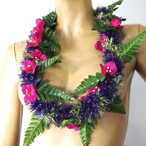 Hawaiian Lei Pink Bougainvillea w Ferns Eyelash Yarn Tie-Ribbon Faux Kukui Nut - Picture 1 of 6