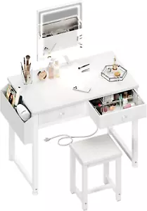 Small Makeup Vanity Desk with Fabric Drawers, 32 Inch White Vanity Desks with Mi - Picture 1 of 9