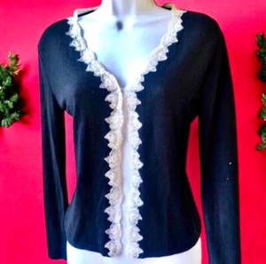 Blugirl Blumarine Black Cardigan Sweater Lace Trim Italian Designer Womens 6 - Picture 1 of 13