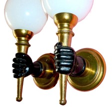 Pair of Antique Hollywood Regency Gilded Bronze/ Brass French Sconces Torch Hand