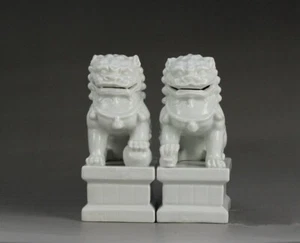 6" White Glaze Porcelain Fengshui Evil Door Guard Fu Foo Dog Lion Statue Pair - Picture 1 of 3