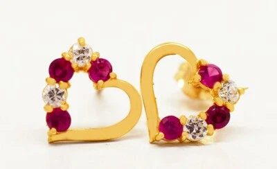 LAB RUBIES & WHITE SAPPHIRES HEART STUD EARRINGS 14k GOLD -NWT - Screw Back - Image 1 of 3