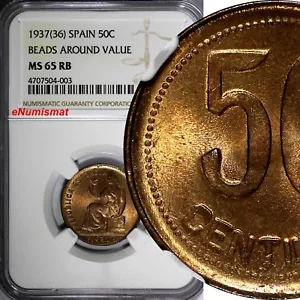 SPAIN II Republic Copper 1937 (36) 50 Centimos NGC MS65 RB BEADS KM# 754.2(003) - Picture 1 of 4