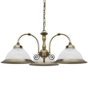 Vintage Ceiling 3 Light Antique Brass Pendant Light Ribbed Glass Lamp Shade K431 - Picture 1 of 17